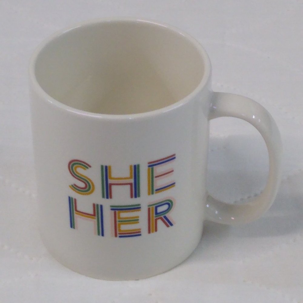 SHE HER Pronouns Friendly Room Essentials Stoneware Coffee Mug Tea Cup  NWT